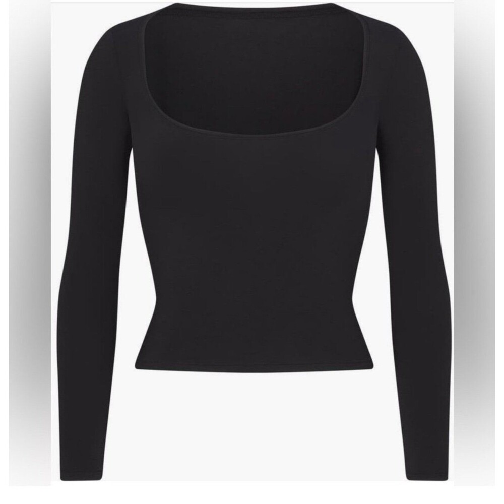 Skims Cotton Jersey Scoop Neck Long Sleeve Top Soot